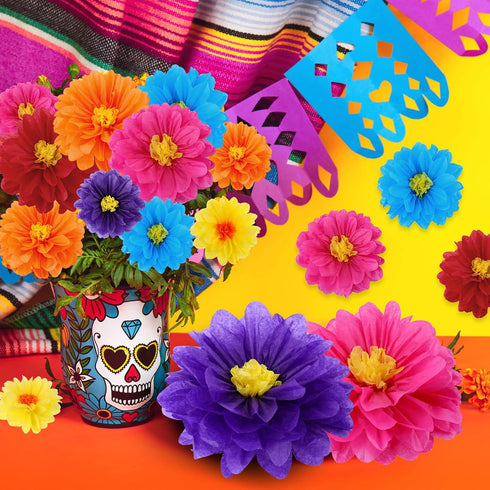 36 Pcs Colorful Mexican Paper Flowers for Floral Party Backdrop Wedding Birthday Craft, 6" 8" 10"