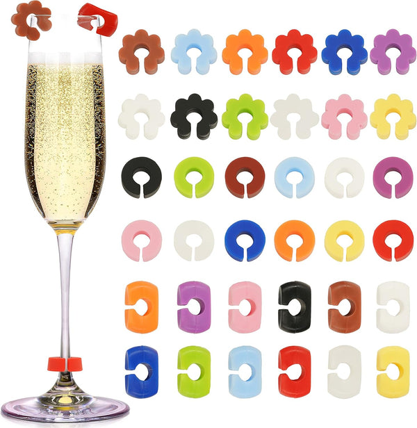 Lasiyanor 36Pcs Silicone Drink Markers, 3 Shapes and Colored Wine Glass Charms for Bar Party Cocktails