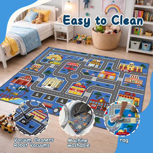47x71in Play Mat Kids Rug for Boys and Girls, Non-Slip Playroom Rug Car Rugs for Kids Toy Cars Kid Classroom Road Rugs