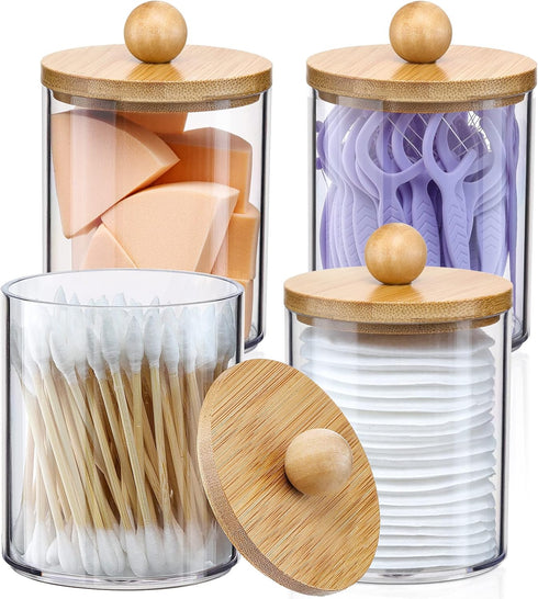 4 Pack Qtip Holder Dispenser with Bamboo Lids, 10 oz Clear Plastic Apothecary Jar Containers
