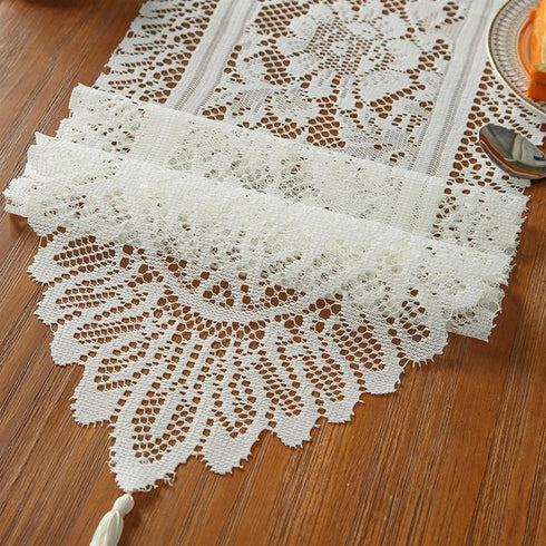 RHVQ 2Pcs Beige(13"x45") Lace Table Runners with Tassels, Farmhouse Boho Doily Vintage Floral Dollies for Tables