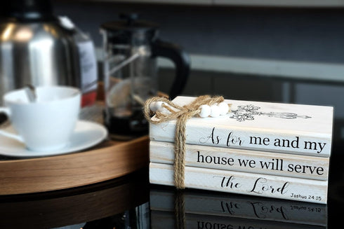 As for Me and My House We Will Serve the Lord Decor - Rustic Wood Decorative Books Stack for Home Coffee Table