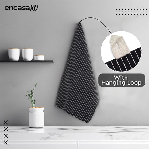 Encasa XO Cotton Kitchen Towel Set, Pack of 4, X-Large 28"x18", Highly Absorbent Hand and Tea Cloth - Butcher Black