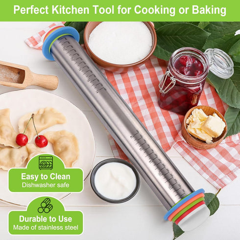 Adjustable Rolling Pin with Thickness Rings for Baking, Stainless Steel Dough Roller Pins for Cookie Decorating