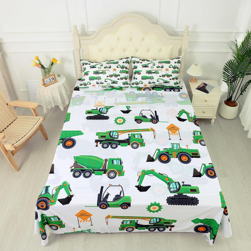 Set 4PC Set 1 1 2 Sheet Green Tractor: Full Size Cartoon Excavator Truck Bed Sheets for Boys Kids Toddler Deep Pocket