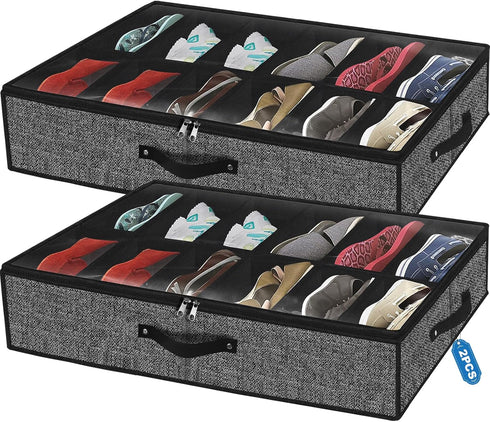 Under Bed Shoe Storage Organizer for Closet - Fits 24 Pairs, Sturdy Underbed Shoe Storage Box Bins, Set of 2
