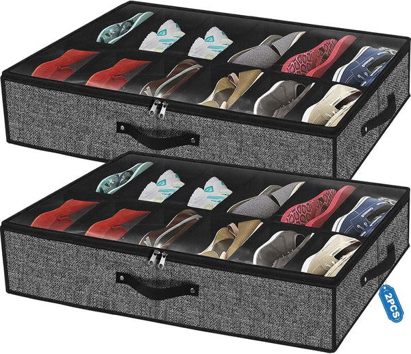 Under Bed Shoe Storage Organizer for Closet - Fits 24 Pairs, Sturdy Underbed Shoe Storage Box Bins, Set of 2