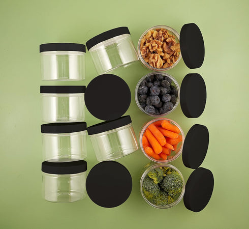 Healthy Packers 4oz Plastic Jars with Lids, Small Clear Lotion Containers, 12 Pack Cream and Cosmetic Jars (Black)