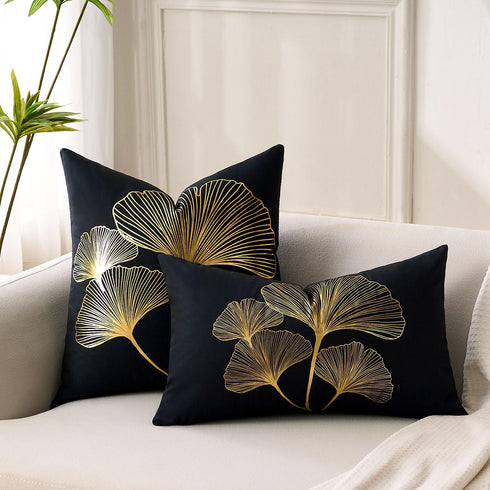 BONSTRAP 20x20 Set 2 Black Decorative Throw Pillow Covers Gold Line Ginkgo Cushion Covers Plant Leaf Velvet Modern
