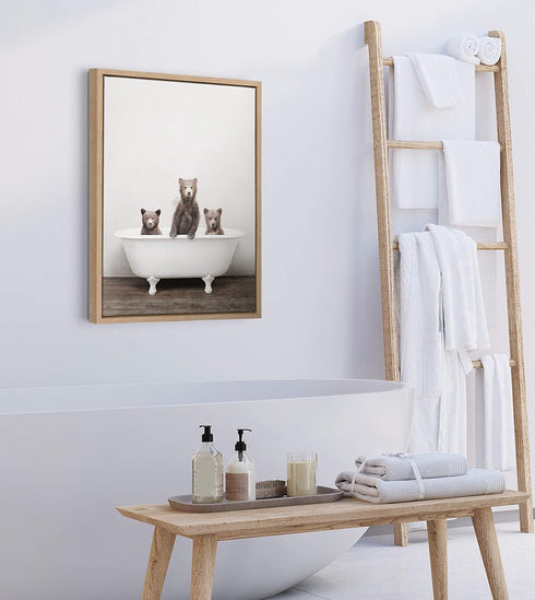 18x24 Kate and Laurel Sylvie Three Little Bears in Vintage Bathtub Framed Canvas Wall Art by Amy Peterson, Natural