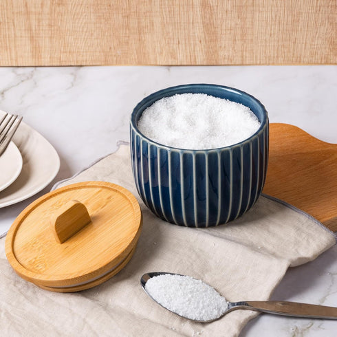 14oz Salt Cellar Keeper with Bamboo Lid, Big Capacity Ceramic Sugar Bowls Pepper Box, Crackle Glaze Seasoning Container