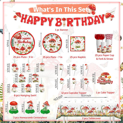 185Pcs Set, 25 cocomigo Mushroom Birthday Decorations Tableware Mushroom Birthday Decorations with Plates Napkins Cups