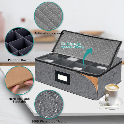 VERONLY Quilted Cup and Mug Storage Box, Holds 12 Coffee Mugs, Zipper Lid and Handles, Stackable for Dinnerware