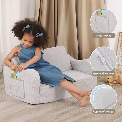 2-in-1 Extra Wide Toddler Chair, Toddler Couch Fold Out, Convertible Sherpa Sofa to Lounger for Boys & Girls, Grey