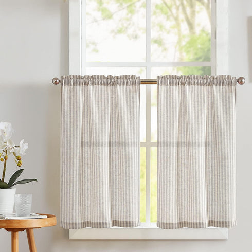 Vangao Stripe Farmhouse Kitchen Curtains 24 Inch Length Linen Cafe Curtains Tickingstripe
