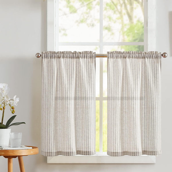 Vangao Stripe Farmhouse Kitchen Curtains 24 Inch Length Linen Cafe Curtains Tickingstripe