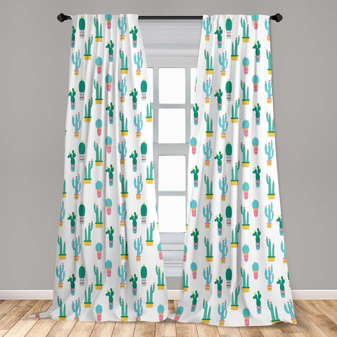 Ambesonne Cactus Window Curtains, Cartoon Prickle Plants in Pots, Lightweight 2-Panel Set with Rod Pocket, Teal Green