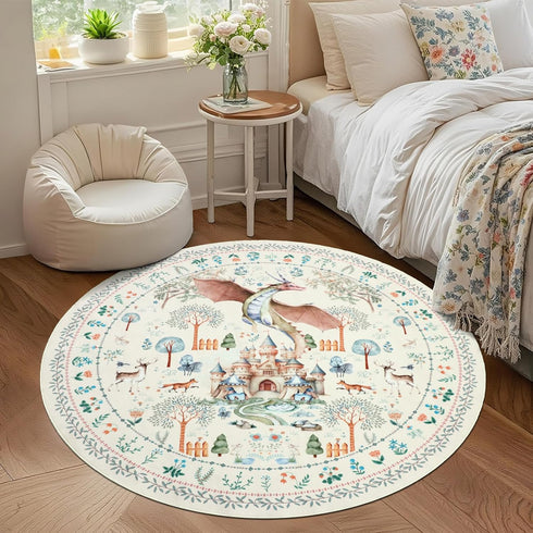 5Ft nesrt Washable Area Rugs Round for Living Room Non Slip, Beige Dragon Forest Circle Dining Room Rugs Low Pile, Soft