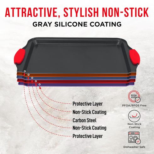 Nonstick Cookie Sheet Pan, Carbon Steel Oven Tray with Red Silicone Handles, Small Bakeware with Gray Coating
