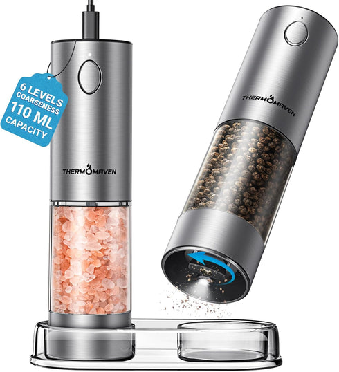ThermoMaven Upgraded Larger Capacity Electric Salt and Pepper Grinder Set, 110ml Rechargeable