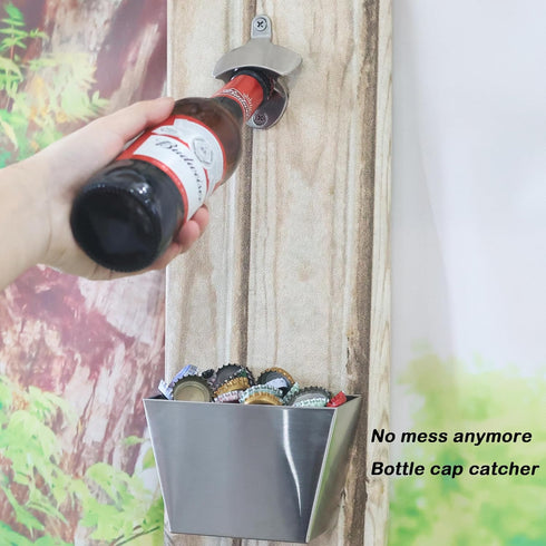 Wall-Mounted Bottle Opener, 304 Stainless Steel Bottle Cap Catcher with Drained Holes