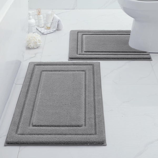 HOMEIDEAS 2 Piece Bathroom Rugs Set, Super Soft Non-Slip Microfiber U-Shaped Toilet Bath Mat, Machine Washable Grey