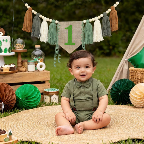 1st Wild One High Chair Banner Boy First Birthday Decorations,Jungle Green Highchair Banner,Woodland One Year Old Party