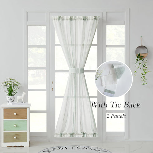 Central Park Sage White Stripe French Door Curtain Panels, 50"x72"x2 Boucle Linen Texture Sheer Drapes with Tieback