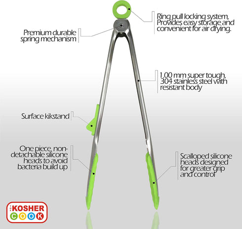 Parve Green Locking Kitchen Tongs, 12” Heavy Duty Multipurpose Tool, Stainless Steel with Non-Stick Tips