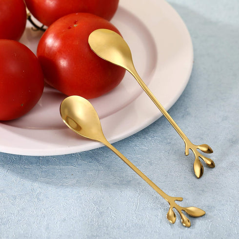12 pcs Stainless Steel Gold Leaf Coffee Spoon Set, Creative Tableware Dessert Spoons for Ice Cream, Cake, Tea