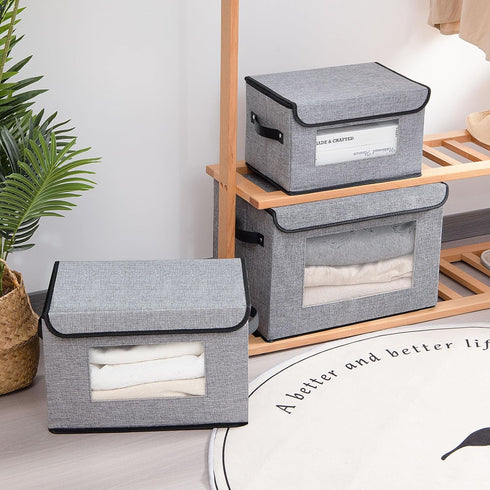 Fabric Storage Boxes - Storage Baskets for Shelves with Lids, Decorative Linen Closet Organizers Boxes, Small, Gray