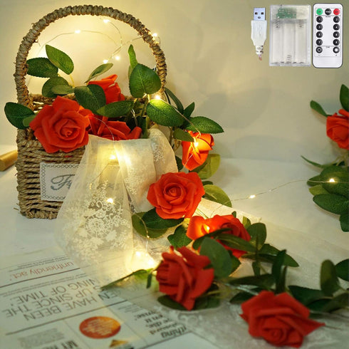Rose Vine Lights with Remote, Battery or USB Operated Artificial Flower Garland,