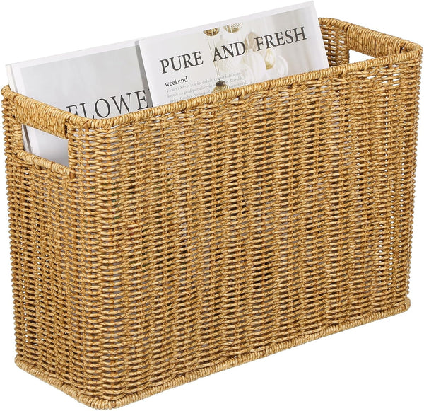 Healeved Woven Seagrass Magazine Basket, Floor Magazine Holder for Books, Newspapers, Tablets