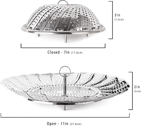 BergHOFF Steamer Basket 7" to 11" - Stainless Steel 18/8 Foldable & Expandable, Dishwasher Safe, Fits Most Pots and Pans