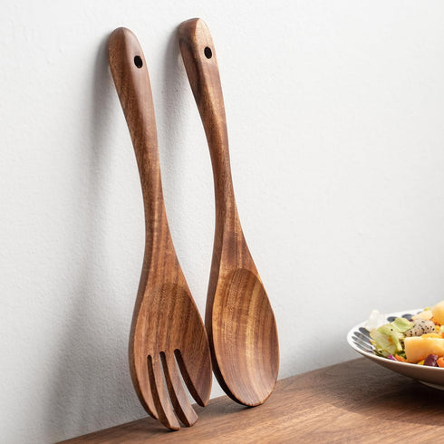Muso Acacia Salad Servers, 12-Inch Wooden Tongs for Serving Salad Mixes, Set of 2