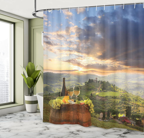 Ambesonne Winery Shower Curtain, Vineyard in Chianti Tuscany, Autumn Sunrise, 69" W x 70" L, Lime Green