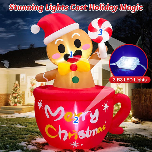 6 FT Tall Christmas Inflatables Outdoor Decoration Gingerbread Man Hot Chocolate, Built in LEDs Funny Inflatable Ginger