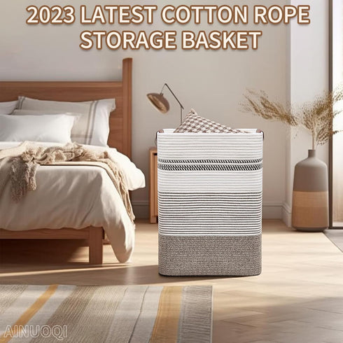 Tall Woven Rope Laundry Hamper - Clothes Basket with Leather Handles, 17.8" X 13.8" X 22", Blanket Storage Basket in