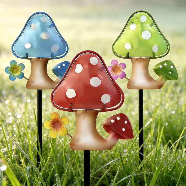 LEGIFO Garden Decor Mushroom Stakes Set of 3, Metal & Glass 10,