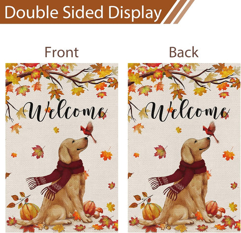 Welcome Fall Garden Flag 12 x 18 Inch Double Sided Burlap Golden Retriever Dog Cardinal Yard Flags Thanksgiving
