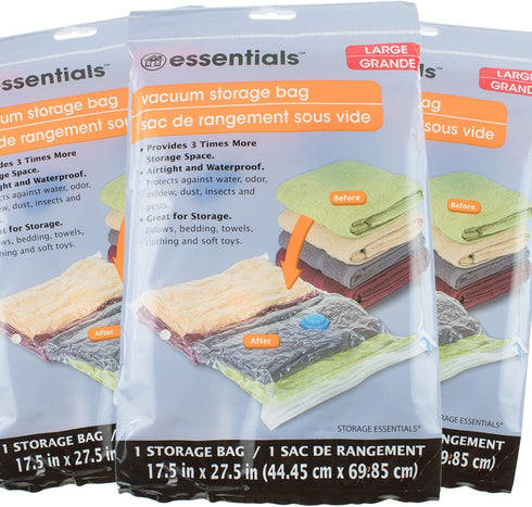 3 NEW ESSENTIALS Large VACUUM STORAGE BAG SPACE SAVER 17.5 in x 27.5 in