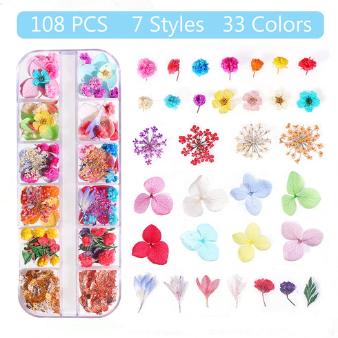 Dried Flowers & Foil Nail Art Kit - 108PCS, 33 Colors, 2 Color Foil, Accessories for Resin Molds