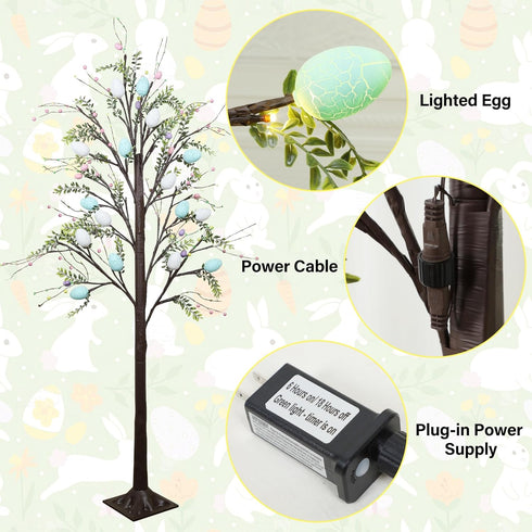5FT DR.DUDU Lighted Easter Tree with Timer, Easter Decorations for Home & Porch, Pre-Lit Egg Trees with LED Lights