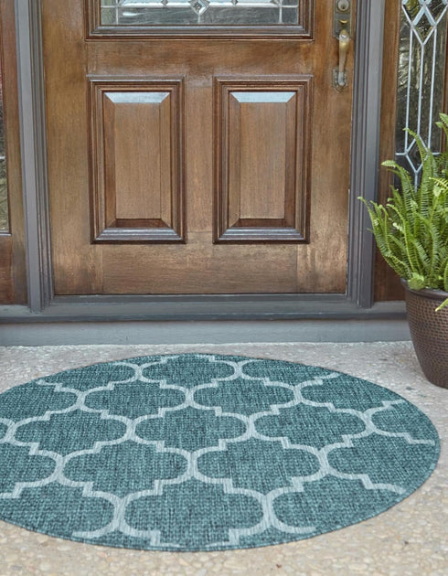 Unique Loom Trellis Collection Area Rug (Teal/ Gray, 3' 3" Round) for Outdoor Spaces