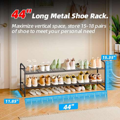 2 Closet, 44 Inch Tier Shoe Rack for Extra Long Shoe Storage Organizer for Shelves, Heavy Duty Metal, Easy Assembly