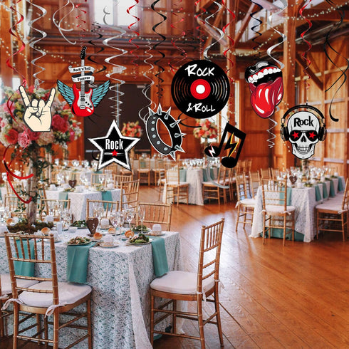 Blulu 30 Pcs Rock and Roll Theme Music Party Decorations, Retro Foil Swirl Hanging Swirls for 50s 60s Disco Event