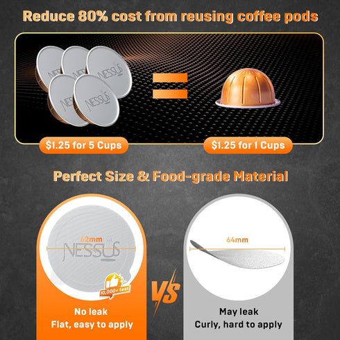 NESSUS Refill Kit for Reusable Nespresso Vertuo Pods, 50PCS Aluminum Foil Lids, Lid Quick Opener, Holder and Brush
