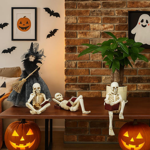 GJFASGF 3 Psc Reading Skeleton Statue Gothic Horror Decor for Bookshelf and Desk Resin Figurine Halloween Decoration