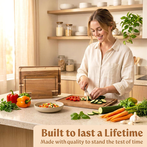 Set 3, Acacia Wood Cutting Board for Kitchen, Non-Toxic Cutting Board of Chopping Boards with Deep Juice Groove