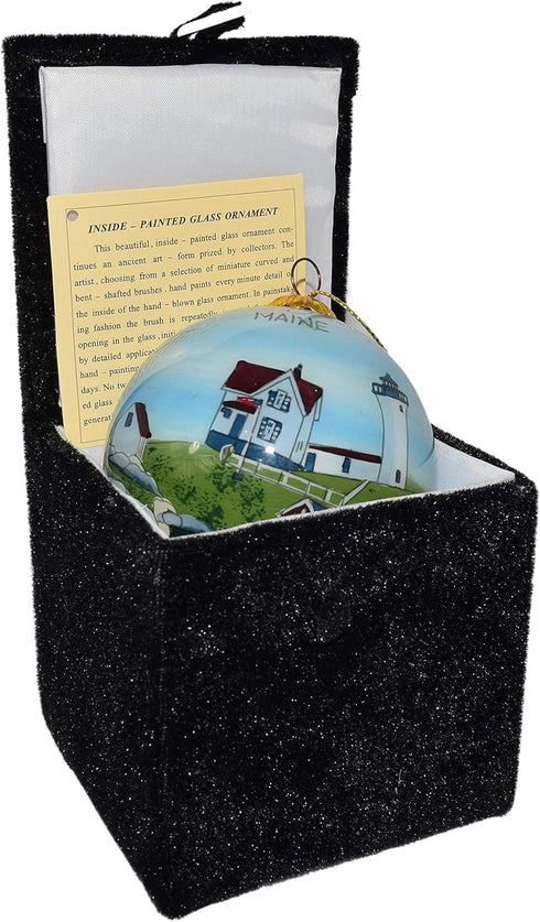 Blown Glass Christmas Ornament | Nubble Lighthouse Maine | Hand Painted Inside with Gift Box